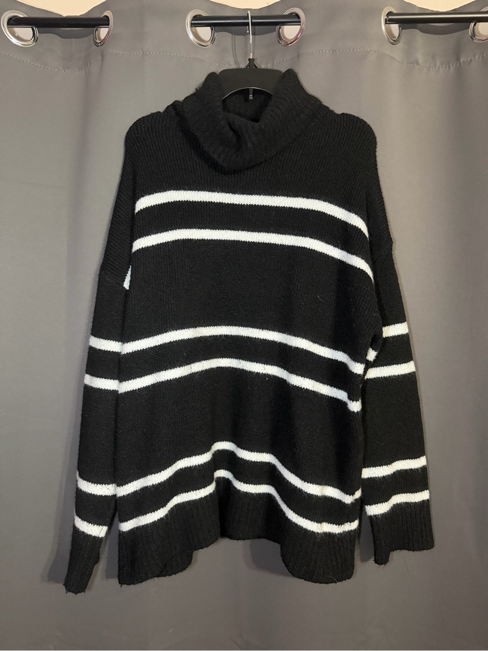 Woman’s Black & White Striped Cowl Neck Sweater